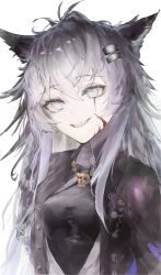 Rule 34 | 1girl, absurdres, animal ears, antenna hair, arknights, black dress, blood, blood on face, blue eyes, breasts, clenched teeth, dress, grey hair, grin, hair between eyes, highres, lappland (arknights), lappland (refined horrormare) (arknights), long hair, messy hair, official alternate costume, scar, scar across eye, sharp teeth, simple background, skull, small breasts, smile, solo, suro4, teeth, upper body, white background, wolf ears, wolf girl