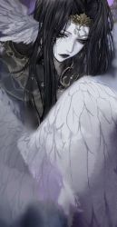 Rule 34 | 1girl, black hair, circlet, colored skin, expressionless, feathered wings, final fantasy, final fantasy xiv, hair intakes, half-closed eyes, head wings, highres, koulin ff14, long hair, looking down, multiple wings, purple lips, solo, the endsinger, upper body, white skin, white wings, wings, yellow eyes