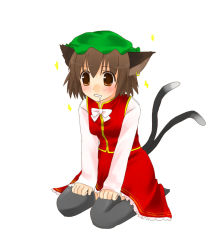 Rule 34 | 1girl, animal ears, black thighhighs, brown eyes, brown hair, cat ears, cat girl, cat tail, chen, earrings, female focus, full body, hat, jewelry, multiple tails, saliva, short hair, simple background, solo, tail, thighhighs, touhou, yuuki (ashitahare)