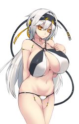 Rule 34 | 1girl, android, arm behind back, bare shoulders, bikini, black bikini, breasts, cable, cable tail, cleavage, collarbone, commentary request, deneb (sub-res), headband, highres, huge breasts, long hair, looking at viewer, mechanical tail, multicolored bikini, multicolored clothes, navel, original, simple background, skindentation, solo, sub-res, swimsuit, tail, thighs, white background, white bikini, white hair, yellow eyes