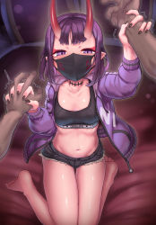 Rule 34 | 1boy, 1girl, barefoot, black shorts, black sports bra, bob cut, breasts, choker, collarbone, cutoffs, denim, denim shorts, eyeliner, fate/grand order, fate (series), heart, horns, jacket, kneeling, long sleeves, looking at viewer, makeup, mask, mouth mask, navel, oni, open clothes, open jacket, purple eyes, purple hair, purple jacket, shinovi, short hair, short shorts, shorts, shuten douji (fate), skin-covered horns, small breasts, solo focus, sports bra, thighs