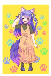 Rule 34 | .live, alternate costume, animal ears, blush, casual, commentary request, fang, full body, hair ornament, highres, long hair, one eye closed, open mouth, rurun rururica, simple background, soiru, standing, tail, virtual youtuber, wolf ears, wolf tail, yellow background