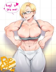 Rule 34 | 1girl, abs, against wall, agawa ryou, bad id, bad tumblr id, blonde hair, blue eyes, breasts, bursting breasts, clothes pull, commentary, english text, facing viewer, hands on own hips, inverted nipples, j-chan (agawa ryou), large areolae, large breasts, lips, looking at viewer, midriff, muscular, muscular female, naughty face, navel, nipple slip, nipples, original, paid reward available, pants, semi-rimless eyewear, short hair, skin tight, solo, sports bra, sports bra pull, thick eyebrows, thick thighs, thighs, tomboy, under-rim eyewear, undersized clothes, yoga pants