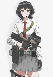 Rule 34 | 1girl, 787nanahachi, ammunition pouch, arm at side, belt, belt pouch, black gloves, black hair, blank stare, buckle, bullpup, closed mouth, collared shirt, commentary, cowboy shot, empty eyes, expressionless, finger on trigger, gloves, gradient background, green eyes, grey background, grey belt, grey skirt, gun, gun sling, handgun, headset, highres, holding, holding gun, holding weapon, holster, holstered, laser sight, long sleeves, looking at viewer, magazine (weapon), necktie, optical sight, original, p90, personal defense weapon, pleated skirt, pouch, red necktie, reflex sight, shirt, short hair, skirt, sleeves past elbows, snap-fit buckle, solo, straight-on, submachine gun, thigh holster, utility belt, weapon, white background, white shirt