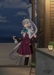 Rule 34 | 1girl, ahoge, asashimo (kancolle), asymmetrical legwear, beach, black gloves, black thighhighs, bottle, broom, closed mouth, colored inner hair, dated, elbow gloves, fingerless gloves, gloves, grey eyes, grey hair, grey thighhighs, hair over one eye, highres, holding, holding bottle, kantai collection, kuragare, long hair, looking at viewer, mismatched legwear, multicolored hair, ocean, pleated skirt, ponytail, purple hair, purple skirt, purple vest, shirt, signature, skirt, sleeves rolled up, thighhighs, very long hair, vest, white shirt