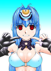 Rule 34 | 00s, 1girl, bikini, black gloves, blue hair, breasts, collar, covered erect nipples, elbow gloves, gloves, gradient background, kos-mos, large breasts, long hair, looking at viewer, nakajima rei, o-ring, o-ring bikini, o-ring top, pointing, red eyes, simple background, smile, solo, swimsuit, upper body, xenosaga