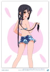 Rule 34 | 1girl, 2011, absurdres, bikini, black hair, blush, brown eyes, dated, errant, hand in own hair, highres, k-on!, long hair, looking back, nakano azusa, sidelocks, solo, striped bikini, striped clothes, swimsuit, twintails