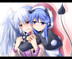 Rule 34 | 2girls, animal ears, beige jacket, black dress, blue eyes, blue hair, blush, breasts, clenched teeth, commentary request, crying, crying with eyes open, doremy sweet, dress, feathered wings, hair between eyes, hands up, happy tears, hat, head tilt, hug, hug from behind, jacket, kishin sagume, large breasts, letterboxed, long sleeves, looking at another, multicolored clothes, multicolored dress, multiple girls, open clothes, open jacket, oshiaki, outline, pom pom (clothes), purple dress, red eyes, red hat, santa hat, short hair, sidelocks, silhouette, silver hair, simple background, single wing, smile, tail, tapir ears, tapir tail, tears, teeth, touhou, upper body, white background, white dress, white outline, white wings, wings, yuri