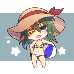 Rule 34 | 1girl, alternate costume, animal print, bad id, bad pixiv id, ball, bare arms, bare shoulders, beachball, bikini, blush, breasts, chibi, collarbone, commentary request, eyepatch, fang, green eyes, green hair, hair between eyes, hand on own hip, hat, hat ribbon, holding, holding ball, kantai collection, kiso (kancolle), long hair, looking at viewer, navel, open mouth, ribbon, short hair, side-tie bikini bottom, simple background, smile, solo, standing, star (symbol), sun hat, suzuaki (angelic-sh), swimsuit, twitter username, zebra print