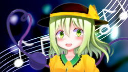 Rule 34 | 1girl, absurdres, blue background, blush, bow, breasts, brown headwear, collarbone, dress, green eyes, green hair, hat, hat bow, highres, kanna shizuku, komeiji koishi, long sleeves, looking at viewer, musical note, musical staff, open mouth, short hair, small breasts, smile, standing, teeth, third eye, touhou, upper body, yellow dress