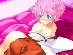 Rule 34 | 1girl, anus, bed, blue eyes, blush, breasts, censored, cleavage, face, game cg, japanese clothes, lying, miko, mosaic censoring, on side, orion, orion (orionproject), pink hair, pussy, rance (series), sengoku rance, sill plain, small breasts, solo, undressing