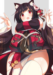 Rule 34 | 1girl, animal ear fluff, animal ears, azur lane, bell, black hair, black kimono, blush, bow, breasts, cat ears, commentary, crotch, fang, from below, hair bow, japanese clothes, kimono, large breasts, long sleeves, looking at viewer, mask, mask on head, obi, open mouth, panties, red eyes, sash, short hair, sideboob, solo, supershiruco, thighhighs, thighs, twitter username, underwear, white panties, white thighhighs, wide sleeves, yamashiro (azur lane)