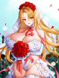 Rule 34 | 1girl, bare shoulders, blonde hair, blush, bouquet, breasts, bridal veil, cleavage, commentary request, dress, elbow gloves, flower, garter straps, gloves, hair ornament, hwansang jungdog, korean commentary, large breasts, leotard, long hair, original, outdoors, parted lips, petals, rose, rose petals, see-through, smile, solo, thighhighs, thighs, veil, wedding dress, white gloves, white leotard, white thighhighs