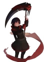 Rule 34 | 1girl, black hair, black pantyhose, cape, corset, dress, huge weapon, looking at viewer, pantyhose, ruby rose, rwby, scythe, short hair, smile, solo, standing, weapon, white background