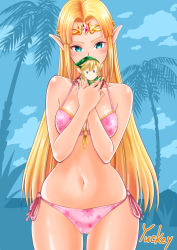 Rule 34 | 1girl, artist name, bad id, bad pixiv id, bead necklace, beads, bikini, blonde hair, blue eyes, breasts, cameltoe, character doll, covering own mouth, cowboy shot, doll, forehead jewel, gem, highres, holding, holding doll, jewelry, long hair, looking at viewer, medium breasts, navel, necklace, nintendo, parted bangs, pink bikini, pointy ears, princess zelda, shiny skin, side-tie bikini bottom, skindentation, solo, swimsuit, the legend of zelda, tiara, very long hair, yuckey