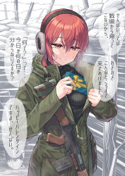 Rule 34 | 1girl, barbed wire, battle rifle, black sweater, box, breasts, breath, coat, commentary request, earmuffs, fn fal, green coat, gun, hair between eyes, highres, holding, holding box, long hair, long sleeves, looking down, medium breasts, open clothes, open coat, open mouth, original, outdoors, red eyes, red hair, rifle, samaru (seiga), sandbag, shovel, smile, solo, speech bubble, sweater, translation request, trench, turtleneck, turtleneck sweater, upper body, weapon