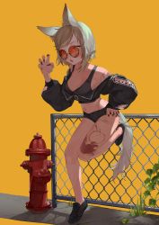 Rule 34 | 1girl, absurdres, animal ears, bare shoulders, black nails, blonde hair, breasts, cleavage, commission, fire hydrant, fox ears, fox tail, g li, highres, jacket, looking at viewer, midriff, nail polish, navel, open mouth, orange-tinted eyewear, orange-tinted glasses, orange eyes, original, pixiv commission, short hair, simple background, solo, sunglasses, tail, tattoo, tinted eyewear, yellow background