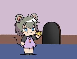Rule 34 | 1girl, :3, :t, animal ears, blue eyes, blush, cheese, chibi, closed mouth, commentary request, cookie (touhou), dress, eating, fake nyon (cookie), food, full body, gem, grey hair, grey shirt, jewelry, long sleeves, medium bangs, mini person, minigirl, mouse ears, mouse girl, mouse hole, mouse tail, nazrin, necklace, pinafore dress, pink dress, red gemstone, shirt, short hair, sleeveless, sleeveless dress, smile, sn (zigzagspark6), solo, standing, tail, touhou