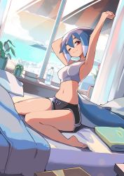 Rule 34 | 1girl, absurdres, armpits, arms up, azuumori, barefoot, beach, bed, black shorts, blue hair, book, bottle, breasts, closed mouth, cloud, cloudy sky, commentary, day, dolphin shorts, dutch angle, english commentary, fins, fish tail, full body, gym shorts, hair between eyes, highres, horizon, light smile, linea alba, looking at viewer, mako (azuumori), medium breasts, medium hair, multicolored hair, navel, ocean, on bed, one eye closed, original, pillow, plant, potted plant, red eyes, sand, shark girl, shark tail, shorts, sidelocks, sitting, sky, solo, sports bra, stretching, tail, thick eyebrows, thighs, two-tone hair, wariza, water bottle, white curtains, white hair, white sports bra, window