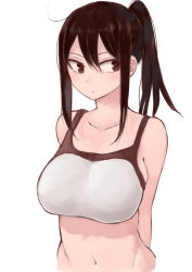 Rule 34 | 1girl, arms behind back, bare shoulders, breasts, brown eyes, brown hair, groin, highres, large breasts, long hair, navel, original, ponytail, rucchiifu, simple background, solo, white background