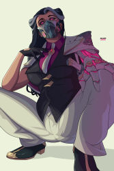 Rule 34 | 1girl, absurdres, bincheart, black sclera, breasts, collared shirt, colored sclera, female focus, gun, highres, large breasts, league of legends, long hair, looking at viewer, mask, mechanical arms, mouth mask, multicolored hair, necktie, pink eyes, pink shirt, renata glasc, shirt, simple background, single mechanical arm, solo, squatting, two-tone hair, weapon, white background