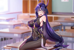 Rule 34 | 1girl, bare shoulders, blurry, blurry background, breasts, chair, chalkboard, china dress, chinese clothes, classroom, cleavage, desk, dress, glasses, highres, honkai (series), honkai impact 3rd, horns, indoors, large breasts, lipstick, long hair, looking at viewer, makeup, on desk, open mouth, purple eyes, purple hair, purple sleeves, raiden mei, raiden mei (herrscher of thunder), sitting, on desk, solo, teeth, very long hair, window, zhuchengyuanjianzhen