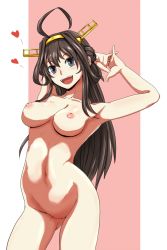 Rule 34 | 10s, 1girl, arms up, breasts, brown hair, collarbone, grey eyes, headgear, heart, highres, interlocked fingers, kantai collection, kongou (kancolle), long hair, medium breasts, navel, nipples, nude, open mouth, pussy, simple background, smile, solo, uncensored, yaruku