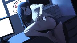 1girl ass back barefoot black_hair black_panties blue_archive blunt_bangs breasts halo highres kaba_(hama) large_breasts long_hair looking_at_viewer panties parted_lips red_eyes ringed_eyes rio_(blue_archive) solo underwear