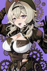 Rule 34 | 1girl, :d, breasts, brown gloves, brown hair, brown jacket, cleavage, cleavage cutout, clothing cutout, gears, gem, gloves, grey eyes, headband, highres, holding, holding gem, honkai (series), honkai impact 3rd, jacket, jie mo jiang, long hair, long sleeves, open mouth, purple background, smile, solo, upper body, vill-v