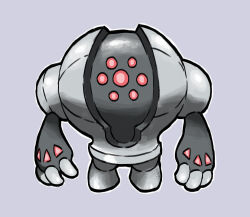 Rule 34 | arms at sides, blacknirrow, chibi, creatures (company), full body, game freak, gen 3 pokemon, grey background, grey theme, legendary pokemon, looking at viewer, metal, nintendo, outline, pokemon, pokemon (creature), red eyes, registeel, simple background, solo, standing, straight-on, white outline
