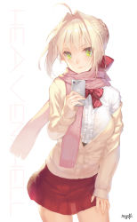 Rule 34 | 10s, 1girl, ahoge, alternate costume, blonde hair, blush, bow, bowtie, camera phone, casual, cellphone, center frills, closed mouth, contrapposto, cowboy shot, fate/extra, fate (series), frills, green eyes, hair intakes, hair ribbon, holding, holding phone, jacket, long sleeves, looking at viewer, nero claudius (fate), nero claudius (fate) (all), nero claudius (fate/extra), open clothes, open jacket, phone, pink scarf, red bow, red bowtie, red ribbon, red skirt, ribbon, ritsuki, scarf, shirt, short hair, simple background, skirt, sleeves past wrists, smartphone, smile, solo, standing, striped bow, striped bowtie, striped clothes, striped neckwear, taking picture, white background, white shirt, yellow jacket