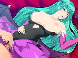 Rule 34 | breasts, capcom, censored, chance maker, clothed sex, green hair, large breasts, morrigan aensland, nipples, penis, sex, torn clothes, vaginal, vampire (game)