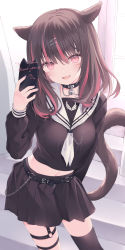 Rule 34 | 1girl, :d, animal ears, bell, belt, black choker, black serafuku, black shirt, black skirt, black thighhighs, breasts, brown hair, cat ears, cat girl, cat tail, chain, choker, commission, crop top, facial mark, final fantasy, final fantasy xiv, highres, holding, holding phone, jingle bell, kanora, leaning forward, long hair, long sleeves, looking at viewer, medium breasts, midriff, miniskirt, miqo&#039;te, multicolored hair, navel, neckerchief, open mouth, phone, pink eyes, pleated skirt, sailor collar, school uniform, serafuku, shirt, skirt, smile, solo, standing, streaked hair, tail, tail raised, thigh strap, thighhighs, warrior of light (ff14), whisker markings, zettai ryouiki