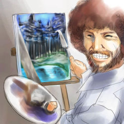 Rule 34 | 1boy, afro, art brush, beard, bob ross, brown hair, collared shirt, easel, facial hair, gradient background, grin, happy, male focus, michael f91, mustache, paintbrush, painting (object), palette (object), real life, shirt, simple background, smile, solo, the joy of painting
