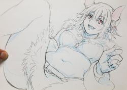 Rule 34 | 1girl, :d, another eden, blush, bracelet, breasts, character request, cleavage, commentary request, fur trim, highres, horns, jewelry, monochrome, navel, necklace, open mouth, photo (medium), pointy ears, red eyes, shimura (hosshi), short hair, sketch, smile, solo, spot color, tongue, traditional media