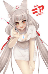 Rule 34 | 1girl, alternate costume, animal ears, blunt bangs, breasts, cat ears, chest jewel, cleavage, facial mark, hat, highres, kamaniki, long hair, low twintails, nia (blade) (xenoblade), nia (xenoblade), nurse, nurse cap, silver hair, small breasts, spoilers, twintails, very long hair, xenoblade chronicles (series), xenoblade chronicles 2, yellow eyes