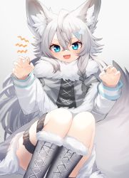 Rule 34 | 1girl, :d, animal ears, belt, blue eyes, boots, braid, capelet, claw pose, commission, fang, fur-trimmed capelet, fur-trimmed skirt, fur trim, grey capelet, grey footwear, grey hair, highres, indie virtual youtuber, long hair, long sleeves, looking at viewer, moti yousei, n (virtual youtuber), open mouth, side braid, skeb commission, skin fang, skirt, smile, tail, thigh belt, thigh strap, v-shaped eyebrows, virtual youtuber, wolf ears, wolf girl, wolf tail