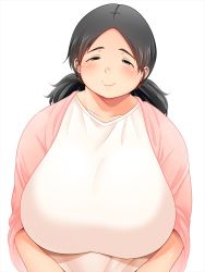 Rule 34 | 1girl, black hair, blue eyes, blush, breasts, fat, highres, huge breasts, looking at viewer, shimejix, smile, solo, upper body