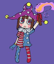 Rule 34 | 1girl, blue eyes, brown hair, clownpiece, clownpiece (cosplay), commentary, cosplay, english commentary, full body, gloves, heterochromia, highres, holding, holding torch, koafreedraw, pomni (the amazing digital circus), purple background, red eyes, short hair, simple background, solo, the amazing digital circus, torch, touhou