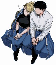 Rule 34 | 1boy, 1girl, black footwear, black hair, black shirt, blonde hair, blue jacket, blue pants, breasts, closed eyes, clothes around waist, collared shirt, from above, full body, fullmetal alchemist, hair over one eye, highres, jacket, jacket around waist, jacket on shoulders, leaning on person, looking at another, medium breasts, medium hair, military, military jacket, military uniform, own hands clasped, own hands together, ozaki (tsukiko3), pants, ponytail, riza hawkeye, roy mustang, shirt, short hair, short ponytail, short sleeves, sitting, sleeping, t-shirt, uniform, white background, white shirt, wristband, zzz
