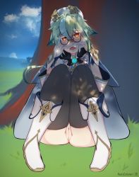 Rule 34 | 1girl, anemo (genshin impact), animal ears, beret, black thighhighs, blue dress, blush, breasts, cleft of venus, covering face, dress, embarrassed, genshin impact, gloves, gold trim, green hair, hands on own face, hat, highres, long hair, long sleeves, looking at viewer, multicolored hair, nastycalamari, no panties, open mouth, orange eyes, ponytail, pussy, semi-rimless eyewear, solo, sucrose (genshin impact), thighhighs, tree, under tree, vision (genshin impact)