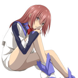 Rule 34 | 10s, 1girl, blue eyes, blush, boots, canon memphis, cropped jacket, frown, jacket, long hair, long sleeves, red hair, shiny skin, simple background, skirt, solo, soukyuu no fafner, translucent hair, uniform, watarui, white background