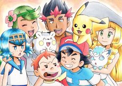Rule 34 | 3boys, 3girls, :d, alolan form, alolan vulpix, ash ketchum, baseball cap, black hair, blonde hair, blue eyes, blue hair, blue one-piece swimsuit, blue sailor collar, blush stickers, child, closed eyes, closed mouth, commentary request, creatures (company), dress, eyelashes, flower, game freak, gen 1 pokemon, gen 7 pokemon, green eyes, green hair, grin, hair flower, hair ornament, hat, highres, holding, holding pokemon, kiawe (pokemon), lana (pokemon), lillie (pokemon), long hair, mallow (pokemon), multiple boys, multiple girls, nintendo, oka mochi, on head, one-piece swimsuit, open mouth, orange hair, pikachu, pink flower, pokemon, pokemon (anime), pokemon (creature), pokemon on head, pokemon sm (anime), red hair, red headwear, sailor collar, shirt, short hair, sleeveless, sleeveless dress, smile, sophocles (pokemon), swept bangs, swimsuit, swimsuit under clothes, teeth, togedemaru, tongue, upper teeth only, white headwear, white shirt