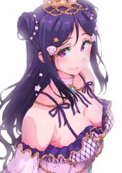Rule 34 | 1girl, alternate hairstyle, ayumu-k, blue hair, blush, breasts, brooch, cleavage, crown, detached collar, detached sleeves, double bun, earrings, hair ornament, highres, jewelry, large breasts, long hair, love live!, love live! school idol festival, love live! sunshine!!, matsuura kanan, purple eyes, shell hair ornament, simple background, smile, solo, star (symbol), star hair ornament, upper body, white background