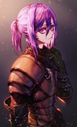 Rule 34 | 1boy, absurdres, androgynous, armor, commentary, commission, dungeons &amp; dragons, english commentary, fantasy, grey background, highres, jin grey paladin, looking up, male focus, original, plate armor, ponytail, pulling, purple eyes, purple hair, solo
