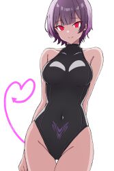 Rule 34 | absurdres, arms behind back, batta 16-sei, black one-piece swimsuit, collared one-piece swimsuit, highleg, highres, leotard, light smile, looking at viewer, navel, one-piece swimsuit, original, purple hair, red eyes, short hair, simple background, standing, swimsuit, turtleneck, white background