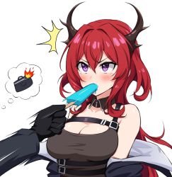 Rule 34 | 1girl, ^ ^, arknights, bag, bare shoulders, black dress, black jacket, breasts, cleavage, closed eyes, collarbone, detached collar, doctor (arknights), dress, food, food in mouth, frown, hair between eyes, hair intakes, highres, holiday (pangjelly), horns, jacket, large breasts, long hair, off shoulder, open clothes, open jacket, popsicle, purple eyes, red hair, simple background, sleeveless, sleeveless dress, solo focus, surtr (arknights), sweat, thought bubble, upper body, v-shaped eyebrows, white background
