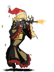 Rule 34 | 1girl, absurdres, antlers, blonde hair, bow, bowtie, breasts, brown gloves, bullet, chinese clothes, fingerless gloves, firing, fox print, frilled sleeves, frills, fur-trimmed headwear, fur trim, gloves, gold trim, gun, hair between eyes, hat, high heels, highres, holding, holding gun, holding weapon, horns, junko (touhou), kikoka (mizuumi), large breasts, long hair, long sleeves, looking to the side, neck ribbon, obi, outstretched arms, phoenix crown, red eyes, red hat, reindeer antlers, ribbon, rifle, santa hat, sash, shell, smile, solo, standing, tabard, tassel, touhou, weapon, wide sleeves, yellow bow, yellow bowtie, yellow ribbon