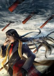 Rule 34 | 1boy, black hair, cigar, cloud, cloudy sky, fate/grand order, fate (series), formal, glasses, hand in pocket, highres, kito (kito2), long hair, lord el-melloi ii, male focus, necktie, pillar, scarf, signature, sky, smoking, solo, suit, waver velvet