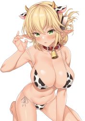 Rule 34 | 1girl, aegis (takunomi), animal ears, animal print, arm up, armpits, bare arms, bare shoulders, bell, bikini, blonde hair, breasts, cleavage, collar, collarbone, commentary request, cow ears, cow horns, cow print, elf, enjo kouhai, fake animal ears, fake horns, folded ponytail, green eyes, highres, horns, large breasts, long hair, looking at viewer, navel, open mouth, pointy ears, ribbon, side-tie bikini bottom, simple background, sitting, solo, stomach, strap lift, swimsuit, takunomi, wariza, white background, white bikini, white ribbon
